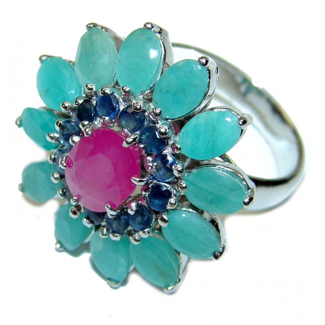 Genuine Ruby Emerald .925 Sterling Silver handcrafted Statement Ring size 8 3/4