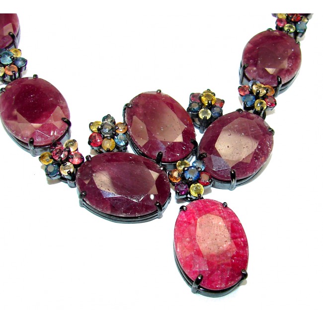 Royal Aura authentic Kashmir Ruby Sapphire black rhodium over .925 Sterling Silver handcrafted Statement necklace