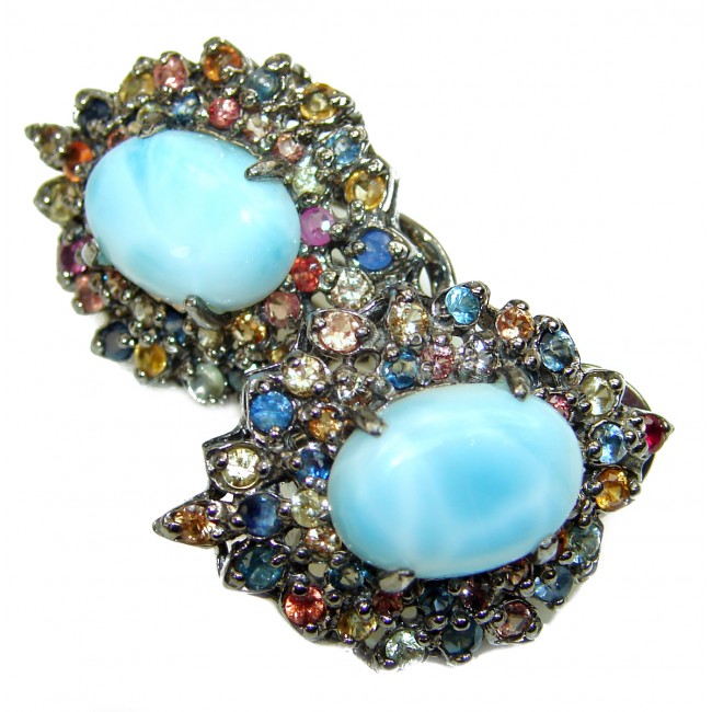 Authentic Blue Larimar Sapphire black rhodium over .925 Sterling Silver handmade earrings
