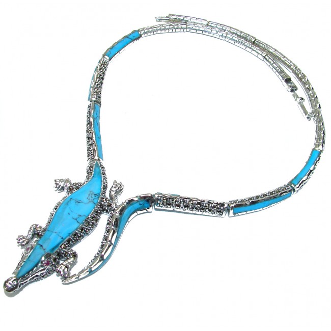 MASSIVE Alligator Genuine Turquoise Marcasite .925 Sterling Silver handmade handcrafted Necklace