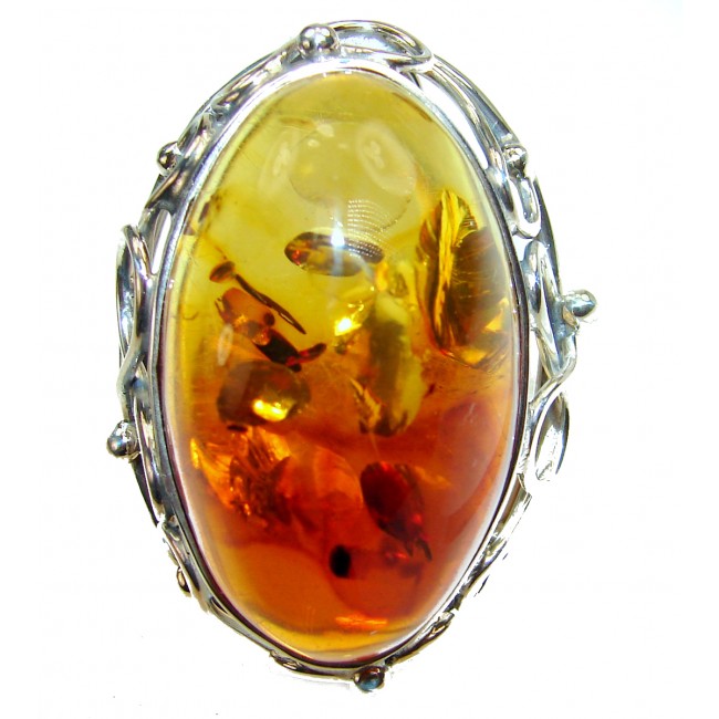 Authentic Baltic Amber .925 Sterling Silver handcrafted HUGE ring; s. 8 adjustable