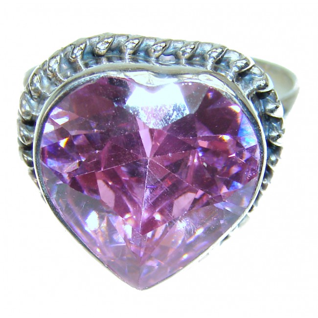 Pink HEART Genuine Cubic Zirconia .925 Sterling Silver handcrafted Statement Ring size 8 1/4