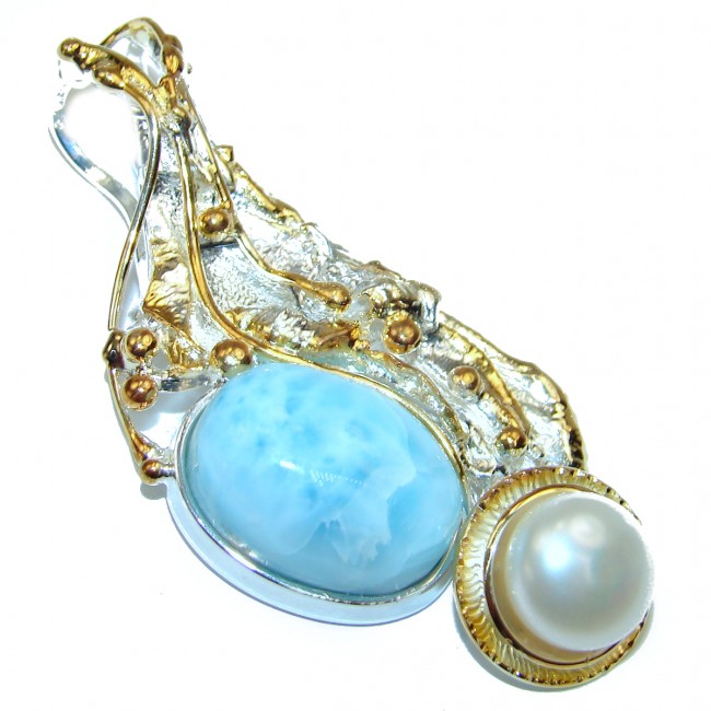 Luxurious Larimar from Dominican Republic 18K Gold ocver .925 Sterling Silver handmade pendant