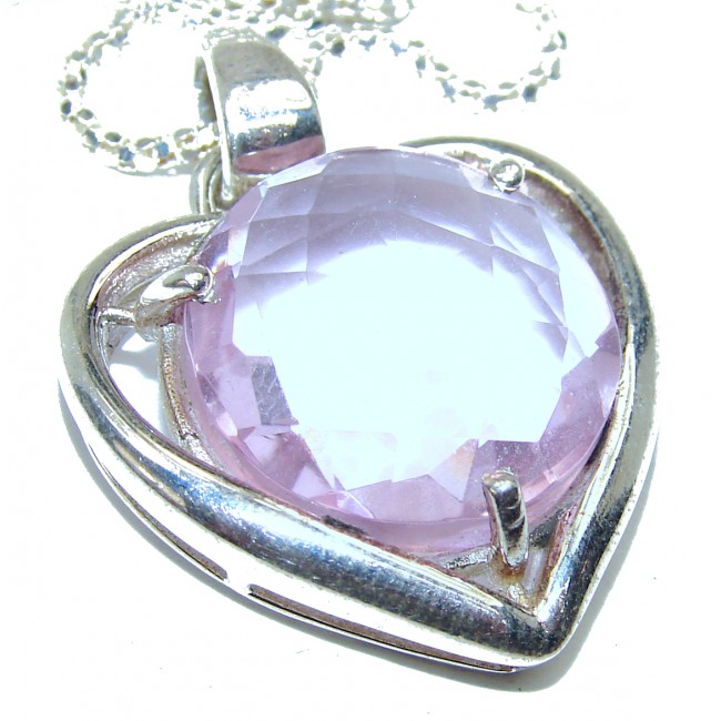 Huge Angel's Heart Genuine Pink Quartz .925 Sterling Silver handmade station Necklace