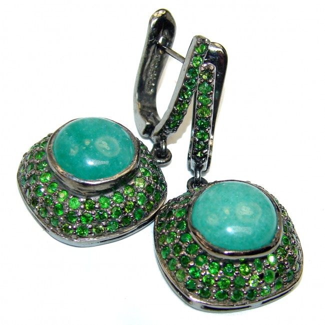 Very Unique Green Jade black rhodium over .925 Sterling Silver handcrafted earrings