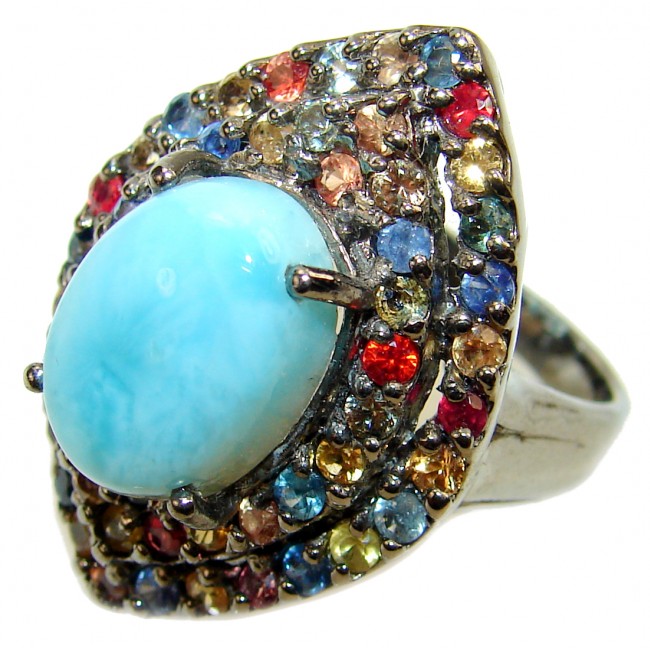 Natural Larimar black rhodium over .925 Sterling Silver handcrafted Ring s. 9