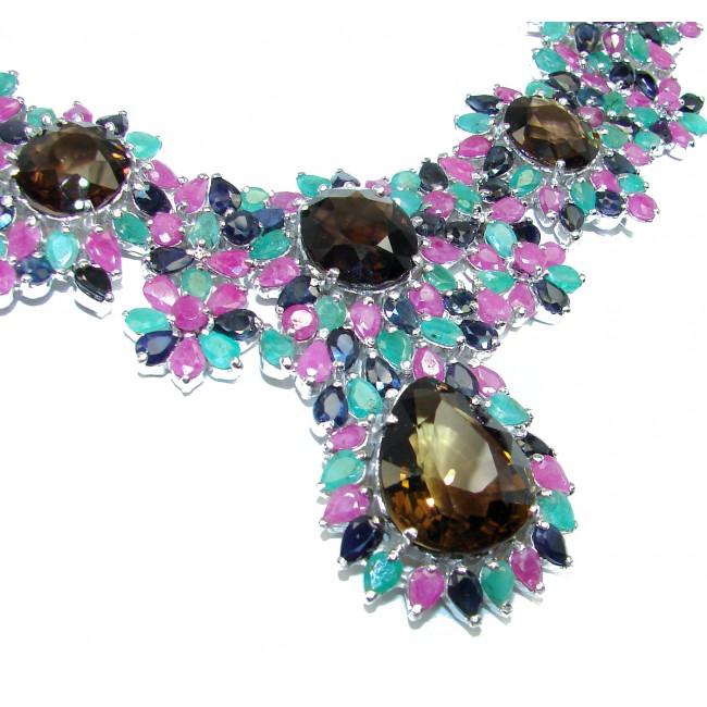 Marvelous 177.5 Grams authentic Smoky Topaz Kashmir Ruby Emerald .925 Sterling Silver handcrafted necklace