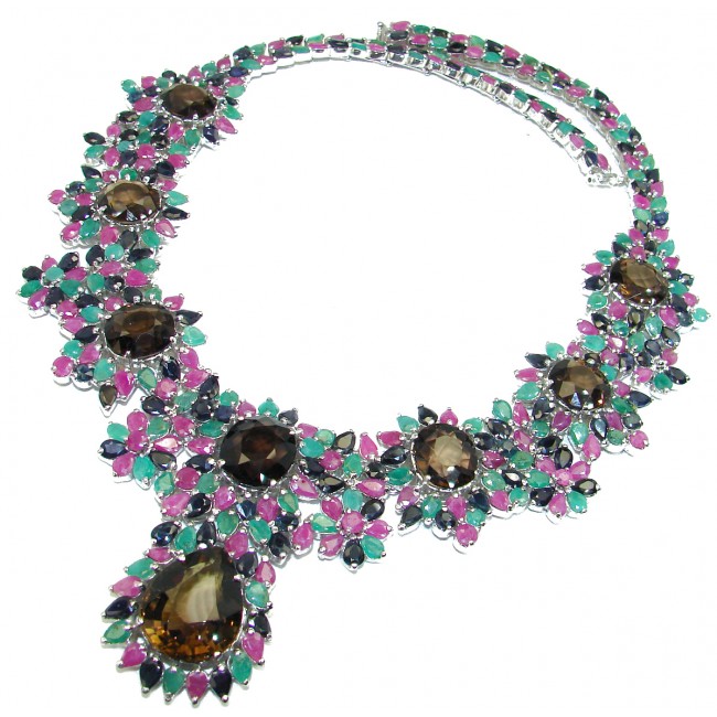 Marvelous 177.5 Grams authentic Smoky Topaz Kashmir Ruby Emerald .925 Sterling Silver handcrafted necklace