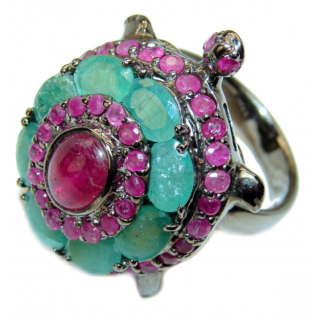 Good health and Long life Turtle Genuine Ruby Emerald .925 Sterling Silver handmade HUGE Ring size 10