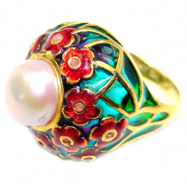 Fresh water Pearl Enamel 18K Gold over.925 Sterling Silver Ring s. 7