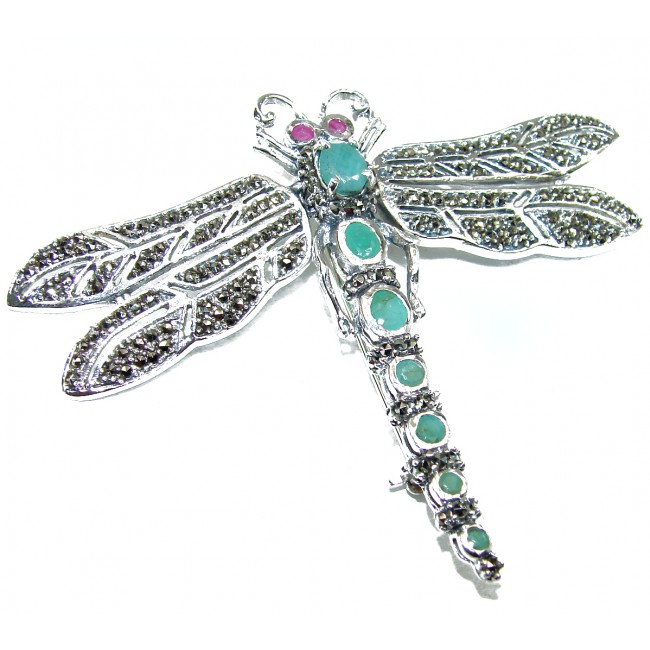 Huge 3 inches Incredible Dragonfly Natural Emerald .925 Sterling Silver Pendant Brooch
