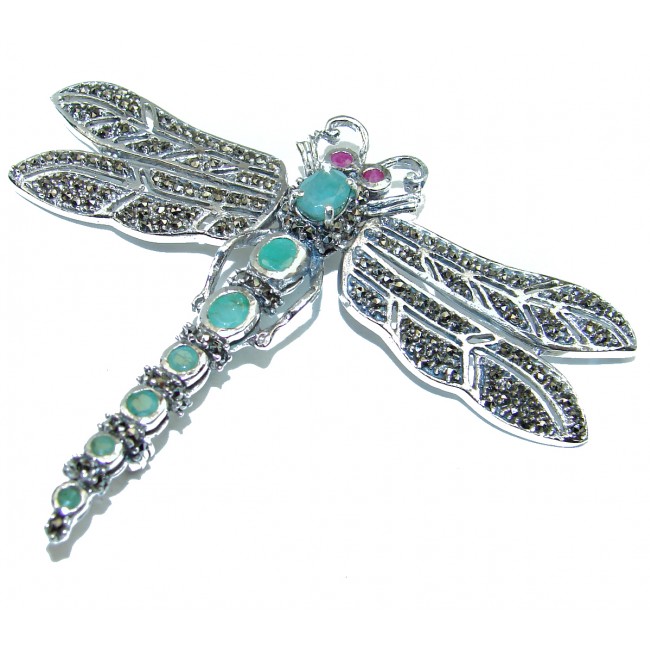 Huge 3 inches Incredible Dragonfly Natural Emerald .925 Sterling Silver Pendant Brooch
