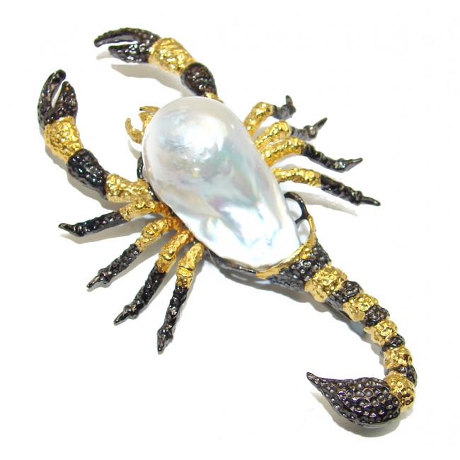 Large Scorpio Design Genuine Mother of pearl 14K Gold .925 Sterling Silver handmade Brooch