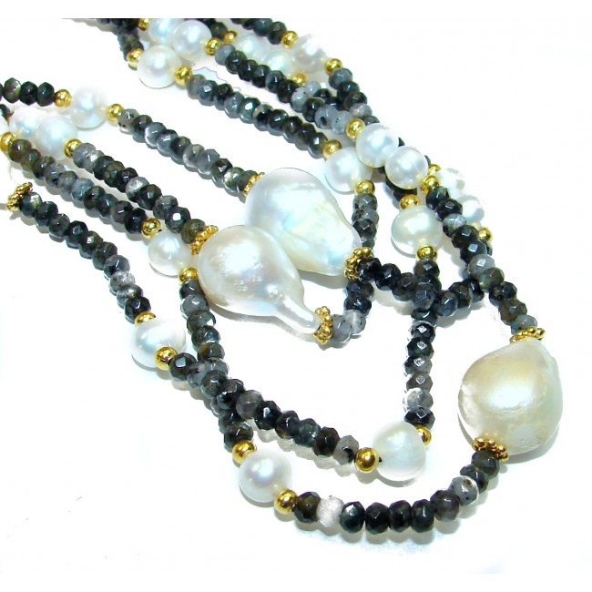 Long genuine Mother of Pearl Sapphire .925 Sterling Silver handcrafted Necklace