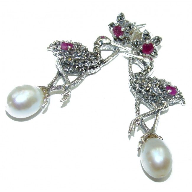 Magestic Herons Genuine Pearl Ruby .925 Sterling Silver earrings