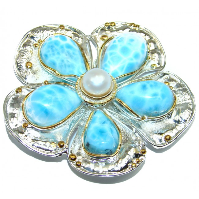 Large Flower 51.8 grams Larimar from Dominican Republic .925 Sterling Silver handmade pendant brooch