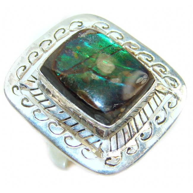 Genuine Canadian Ammolite .925 Sterling Silver handcrafted Statement Ring size 8 1/4