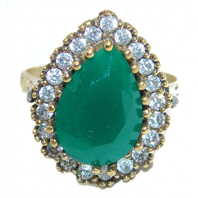 Victorian Style created Emerald & White Topaz Copper over Sterling Silver ring; s. 8 3/4