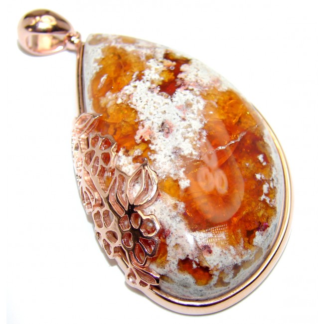 Unique Design Natural 77.5 carat Mexican Fire Opal 18K Rose Gold over .925 Sterling Silver handmade Pendant