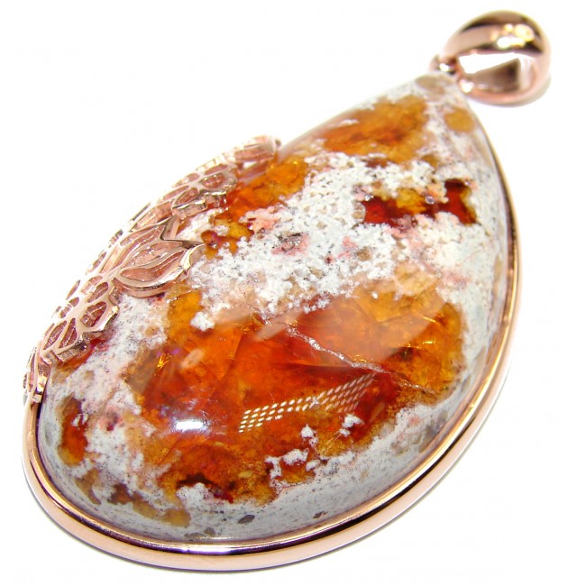 Unique Design Natural 77.5 carat Mexican Fire Opal 18K Rose Gold over .925 Sterling Silver handmade Pendant