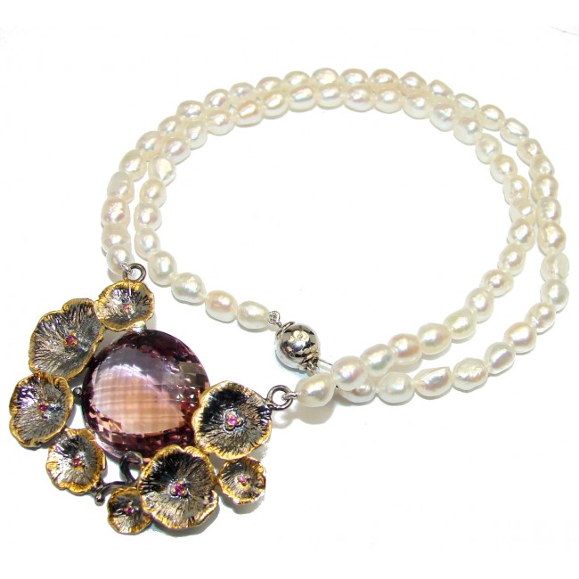 Oval cut Bi-color Ametrine 18K Gold over Pearl .925 Sterling Silver handcrafted necklace