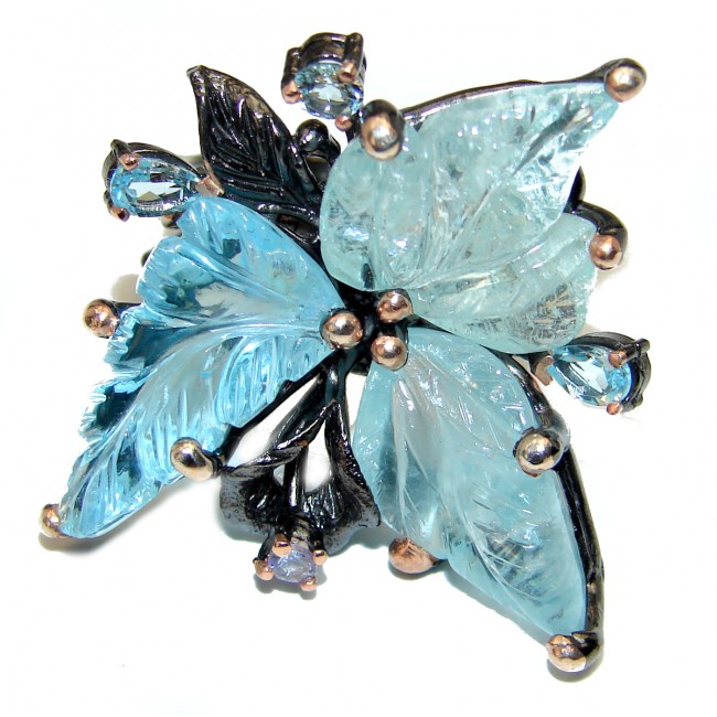 Large Exotic Flower carved Aquamarine 2 tones .925 Sterling Silver Ring s. 8 1/2