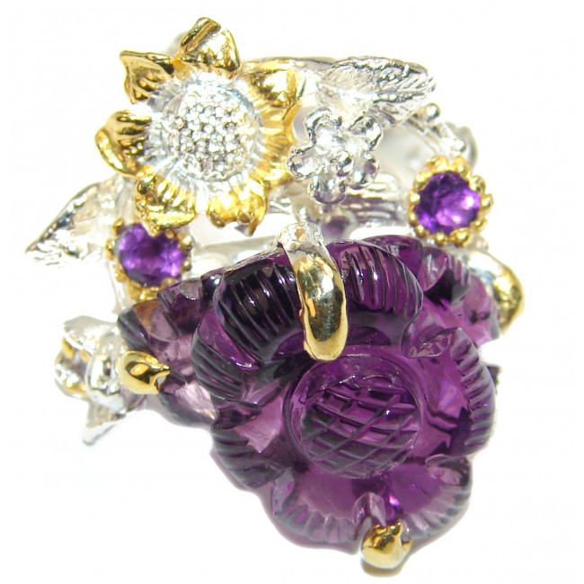 Jumbo Vintage Style Carved Amethyst .925 Sterling Silver handmade Cocktail Ring s. 7 3/4