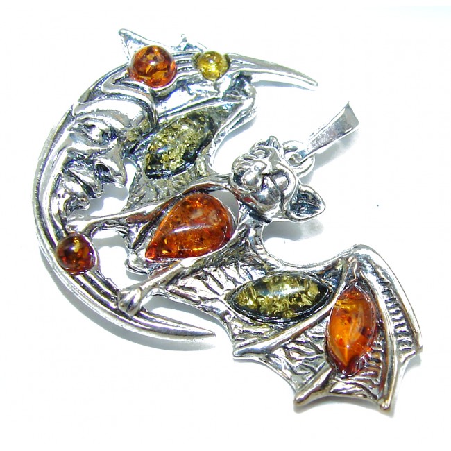 Bat and Moon Baltic Polish Amber .925 Sterling Silver handcrafted Pendant
