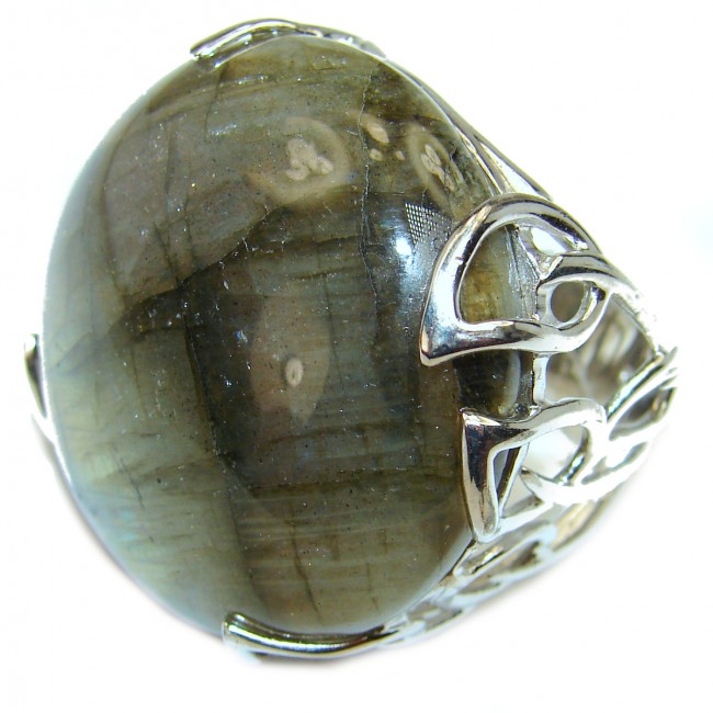 HUGE Mesmerizing Fire Labradorite .925 Sterling Silver Bali handmade ring size 11 adjustable