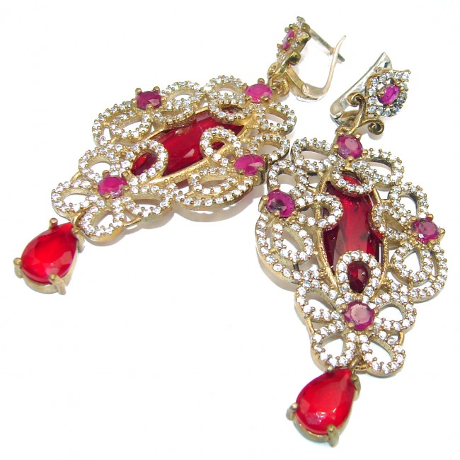 3 inches long Spectacular created Ruby .925 Sterling Silver handcrafted earrings