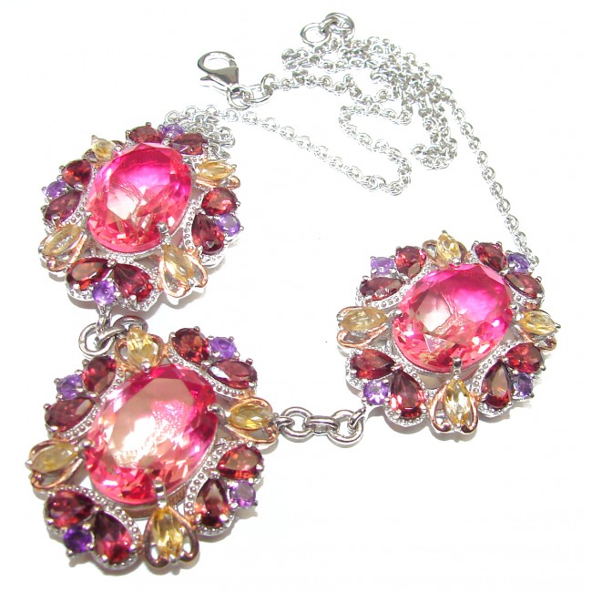 Oval cut Pink Tourmaline color Topaz .925 Sterling Silver handcrafted necklace