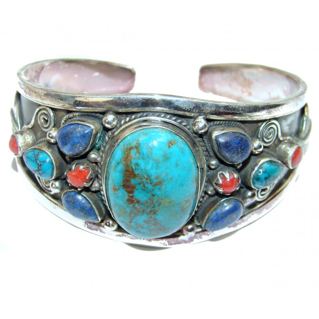 Go West Turquoise Coral Lapis Lazuli .925 Sterling Silver Bracelet / Cuff