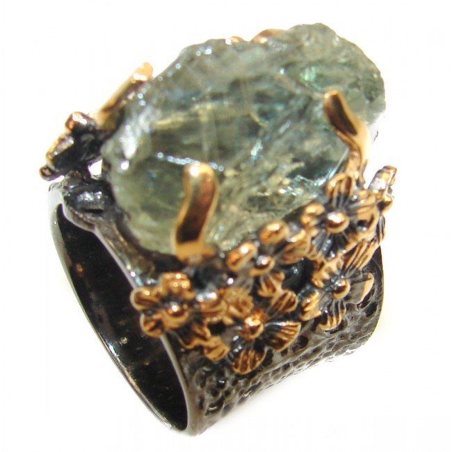 Huge Natural Rough Green Amethyst 14K Gold over .925 Sterling Silver handmade Statement Ring s. 6 1/4