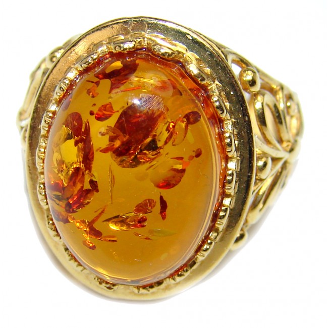 Authentic Green Baltic Amber 14K Gold over .925 Sterling Silver handcrafted ring; s. 6 1/4