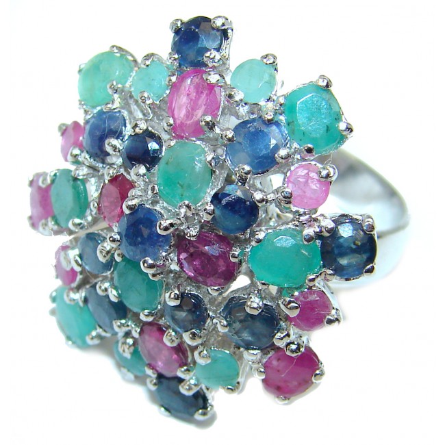 Royal quality unique Ruby Emerald Sapphire .925 Sterling Silver handcrafted Ring size 8