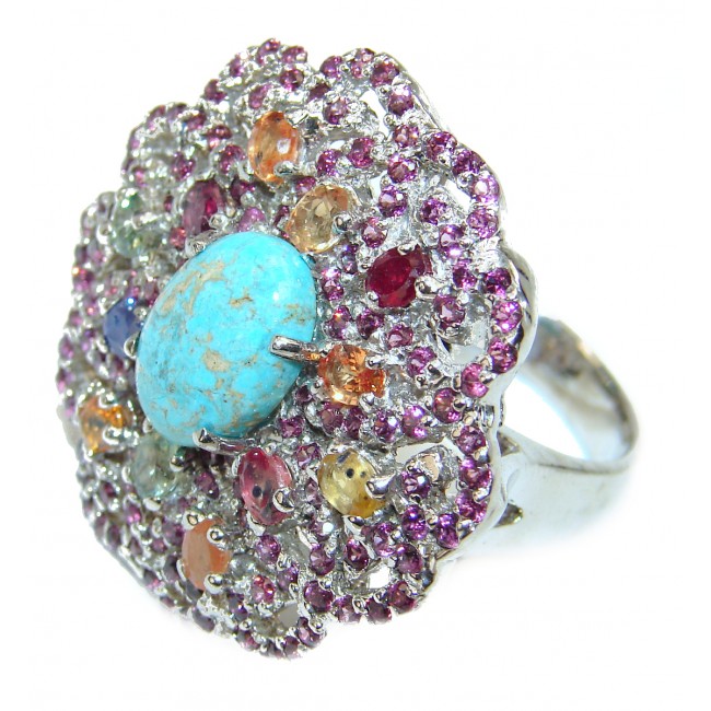 Authentic Beauty Turquoise multicolor Sapphire .925 Sterling Silver ring; s. 9 1/2
