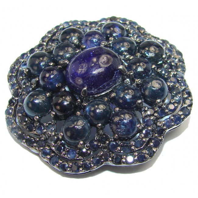 Classy Blue Flower genuine Sapphire .925 Sterling Silver handmade Pendant - Brooch