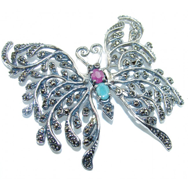HUGE Preciouls Butterfly Beauty genuine Ruby .925 Sterling Silver handmade Pendant - Brooch