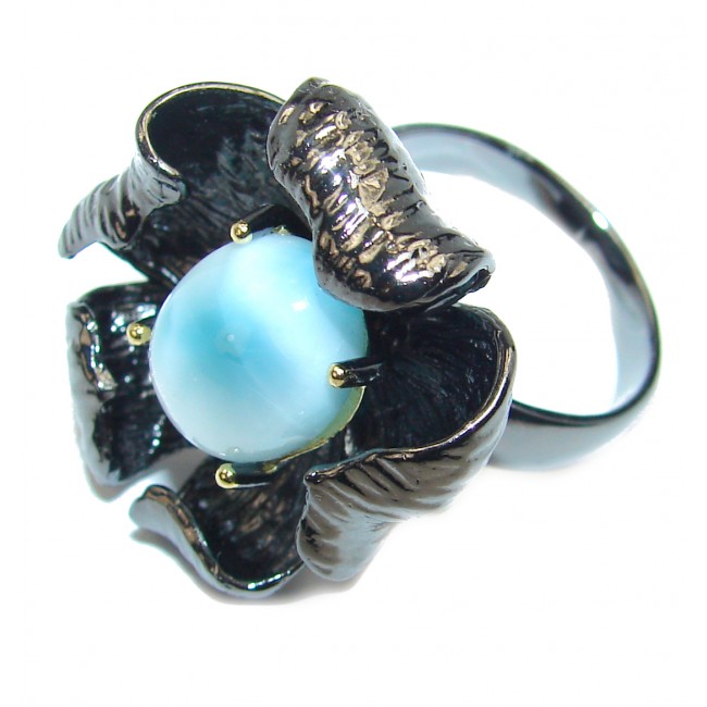Natural Larimar black rhodium over .925 Sterling Silver handcrafted Ring s. 8