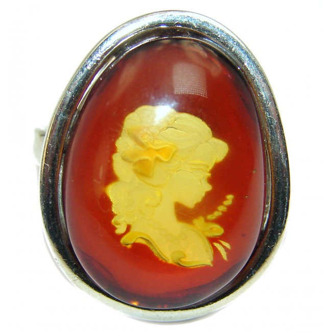 Beautiful Authentic Cameo Baltic Amber .925 Sterling Silver handcrafted ring; s. 8 3/4