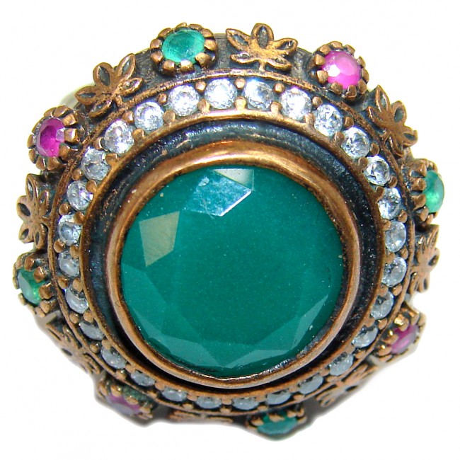 Victorian Style created Emerald & White Topaz Copper over Sterling Silver ring; s. 8