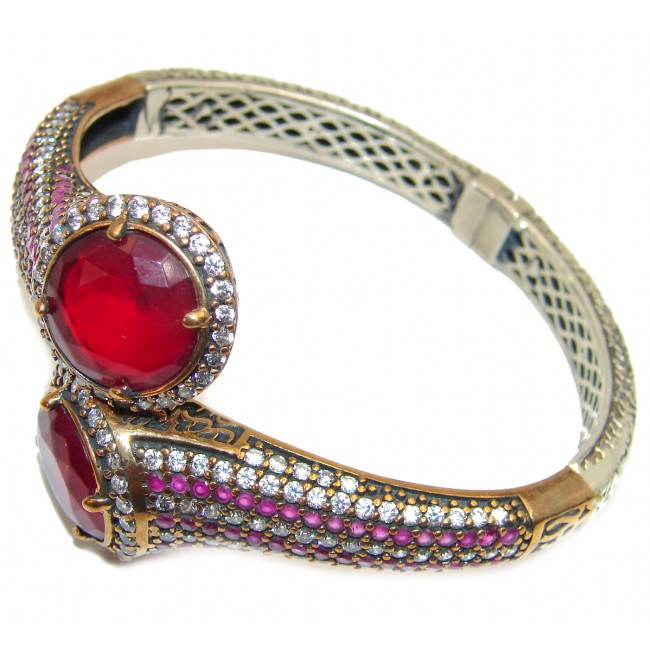 Victorian Style created Ruby & Emerlad .925 Sterling Silver Bracelet / Cuff