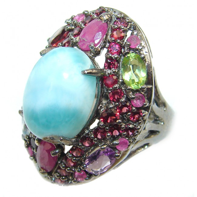 13.6 carat Larimar Sapphire black rhodium over .925 Sterling Silver handcrafted Ring s. 8
