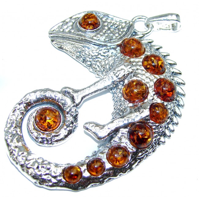 Spectacular Big Chameleon lizard Natural Baltic Amber .925 Sterling Silver handmade Pendant