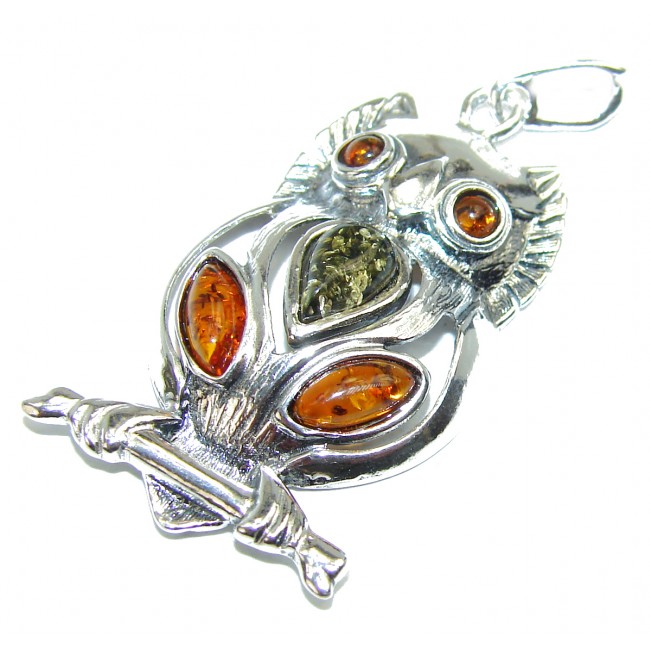 Owl Natural Baltic Amber .925 Sterling Silver handmade Pendant