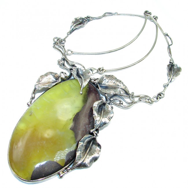 Exquisite Natural Moss Prehnite .925 Sterling Silver handcrafted LARGE necklace