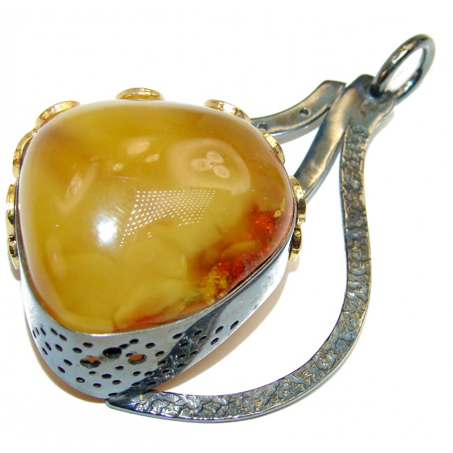 Huge Modern Design Polish Amber .925 Sterling Silver handmade Pendant