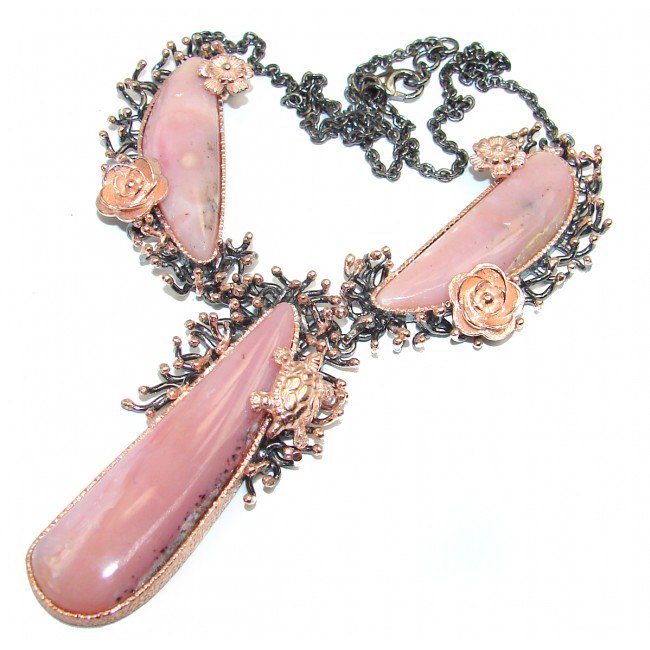 Golden Roses Genuine Pink Opal 2 tones .925 Sterling Silver handmade necklace