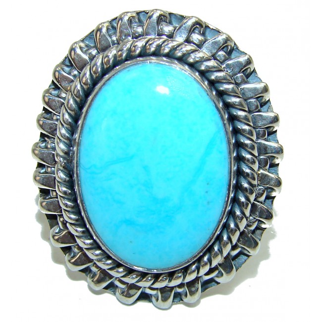 Authentic large Turquoise .925 Sterling Silver ring; s. 8 adjustable