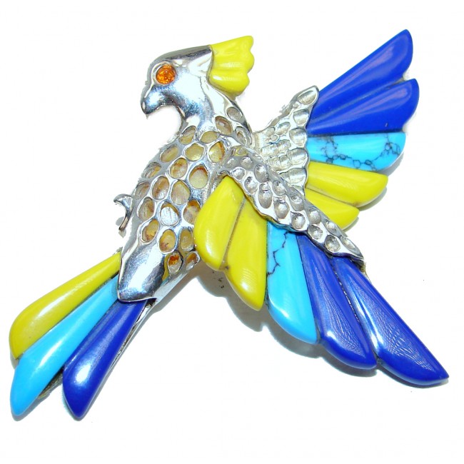 INCREDIBLE Colorful Bird Natural Enamel .925 Sterling Silver LARGE Pendant